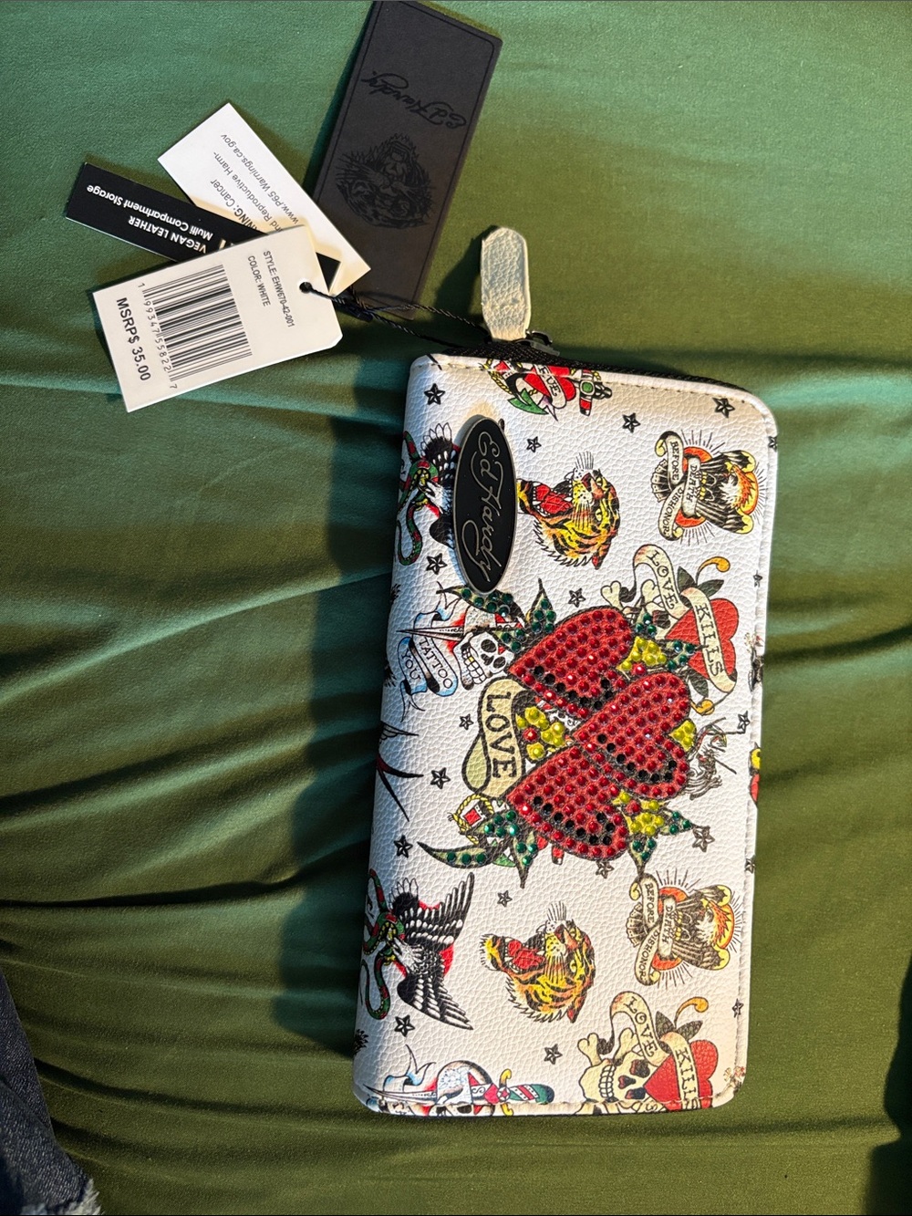 Ed Hardy White Tattoo-Print Zip Wallet with Red Stud Heart